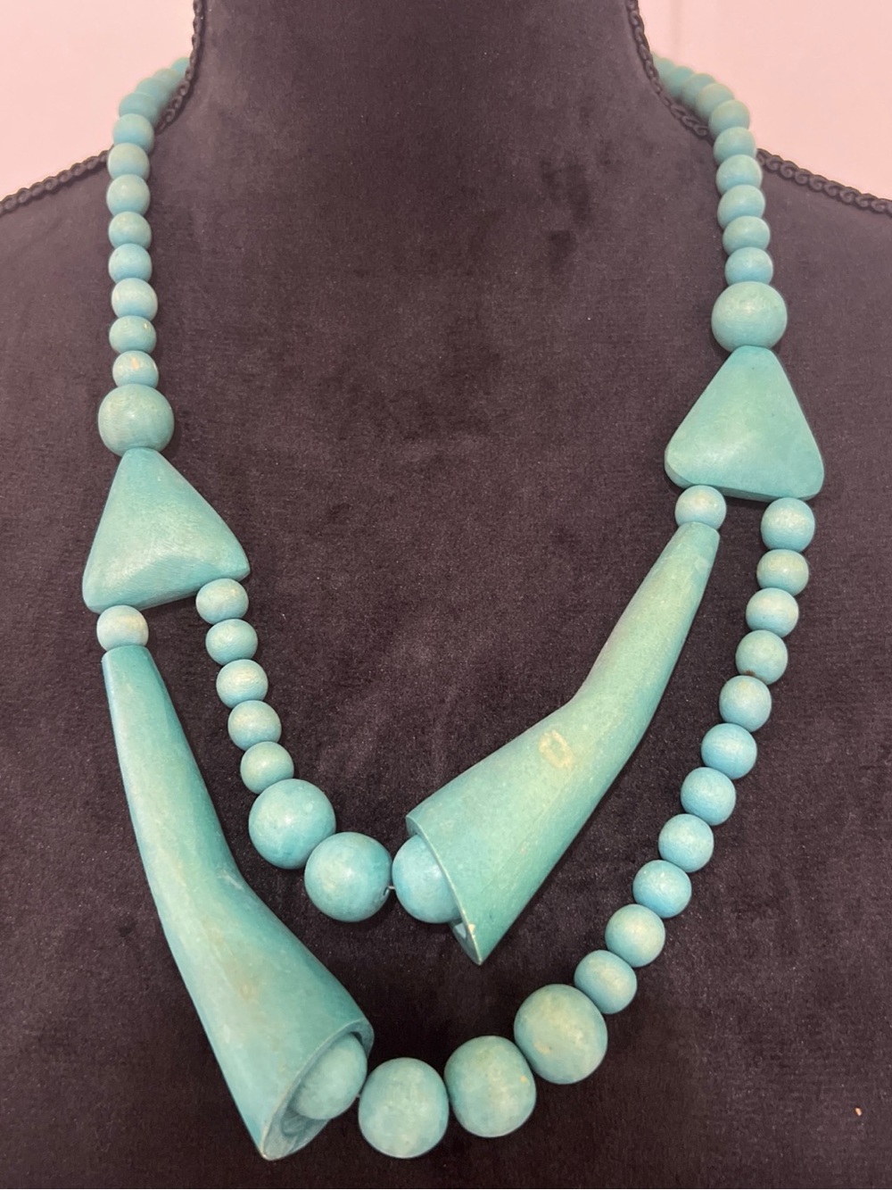 Vintage Turquoise Statement Wooden Geometric Bead Necklace - Women Jewelry